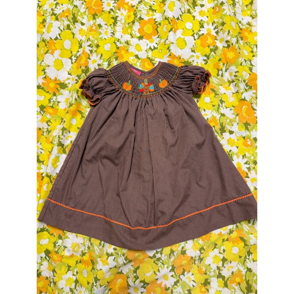 Claire & Charlie Girls Brown Gingham Smocked Turkey Thanksgiving Dress Size 2